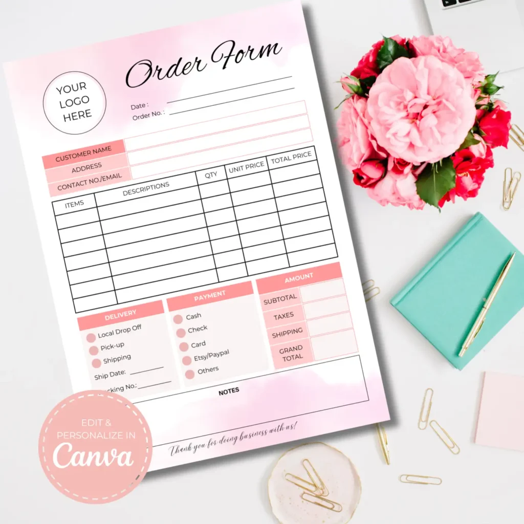 Order Form for Small Business | Editable Business Form | Canva Template | Pink Clouds Order Form