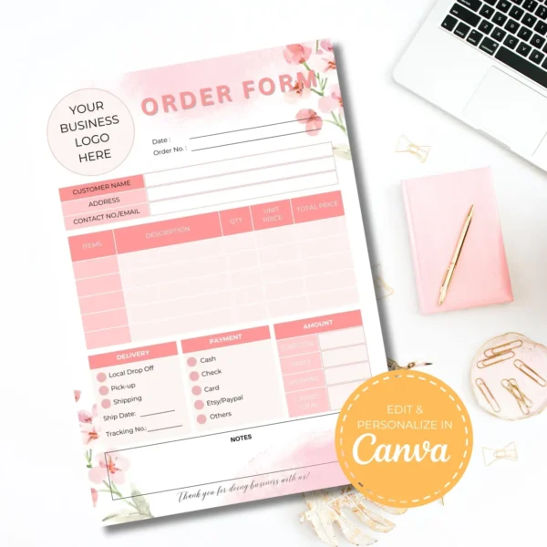 Order Form for Small Business | Editable Business Form | Canva Template | Pink Flower Order Form