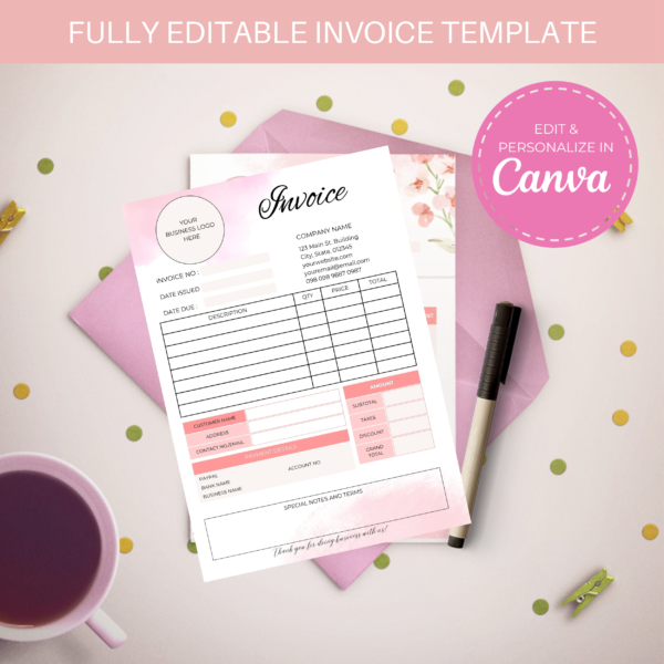 Sales Invoice Template | Editable in Canva | Pink Clouds Invoice Template - Image 2