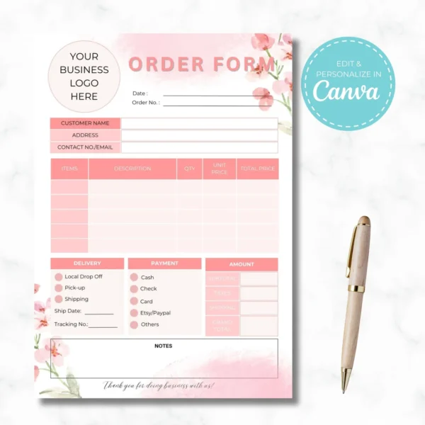 Order Form for Small Business | Editable Business Form | Canva Template | Pink Flower Order Form - Image 2