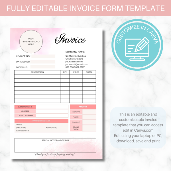 Sales Invoice Template | Editable in Canva | Pink Clouds Invoice Template - Image 4