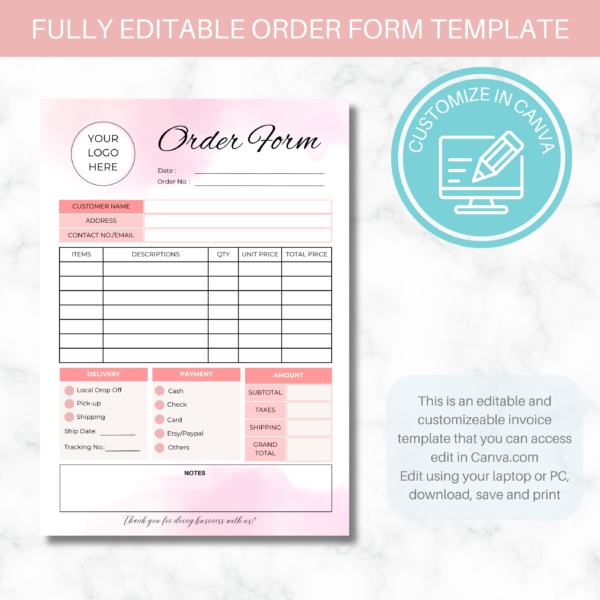 Order Form for Small Business | Editable Business Form | Canva Template | Pink Cloud Order Form - Image 4