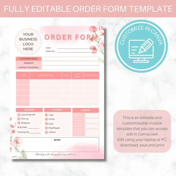 Order Form for Small Business | Editable Business Form | Canva Template | Pink Flower Order Form - Image 6