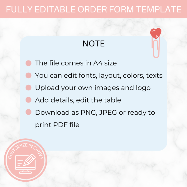 Order Form for Small Business | Editable Business Form | Canva Template | Pink Cloud Order Form - Image 5