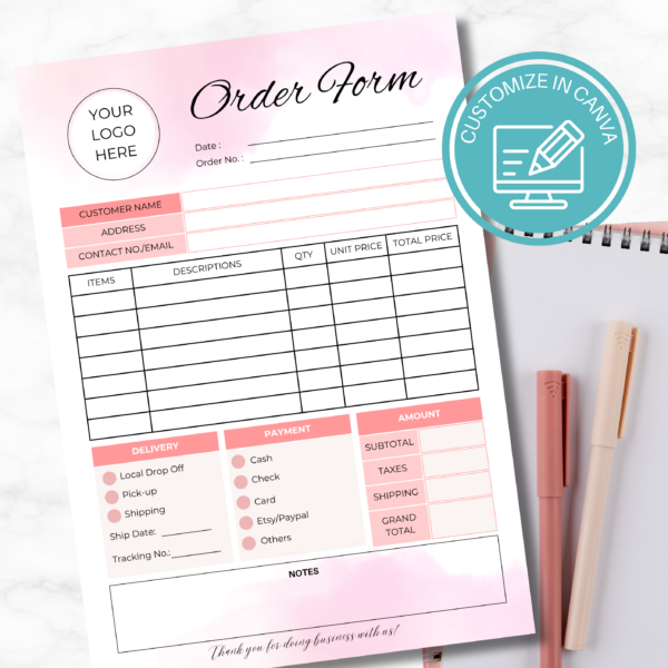 Order Form for Small Business | Editable Business Form | Canva Template | Pink Cloud Order Form - Image 2