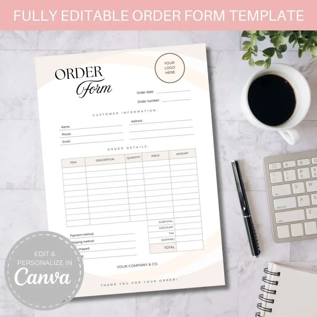 Order Form for Small Business | Editable Business Form | Canva Template | Cream Order Form