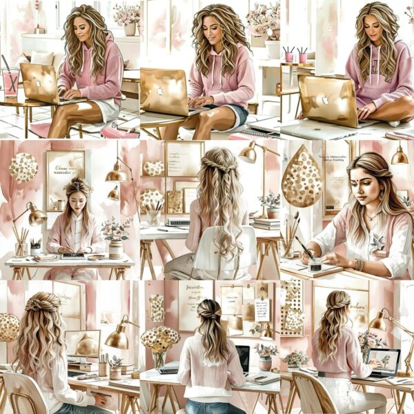Girl Boss Clipart, High Quality Watercolor JPEG Clipart Bundle, Business Woman, Clipart for Scrapbook, Junk Journal - Image 3