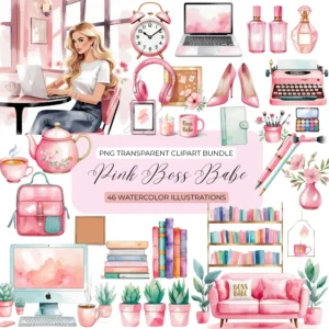 Pink Boss Babe Watercolor Clipart Bundle | Sublimation Designs | Digital Stickers