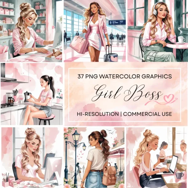 pink girl boss watercolor clipart