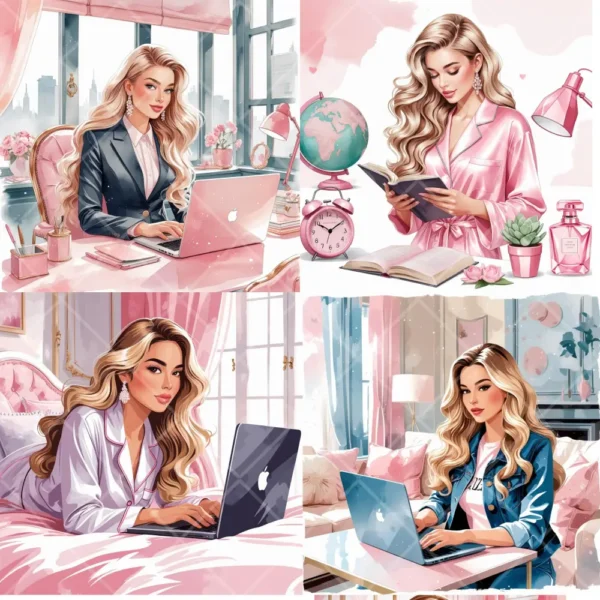 Pink Boss Babe Watercolor Clipart Bundle | Sublimation Designs | Digital Stickers - Image 2