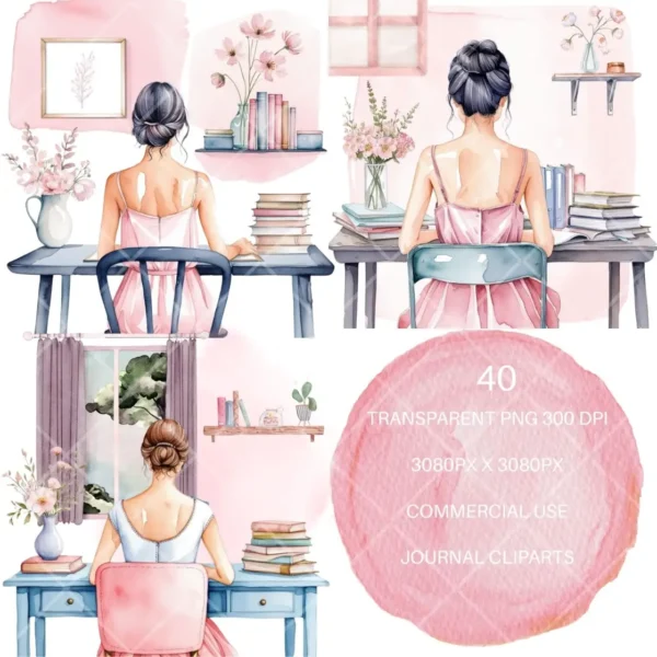 Pink Glam Watercolor Clipart, High Quality Transparent PNG Clipart Bundle, Business Woman, Working Woman Clipart for Scrapbook, Junk Journal - Image 2