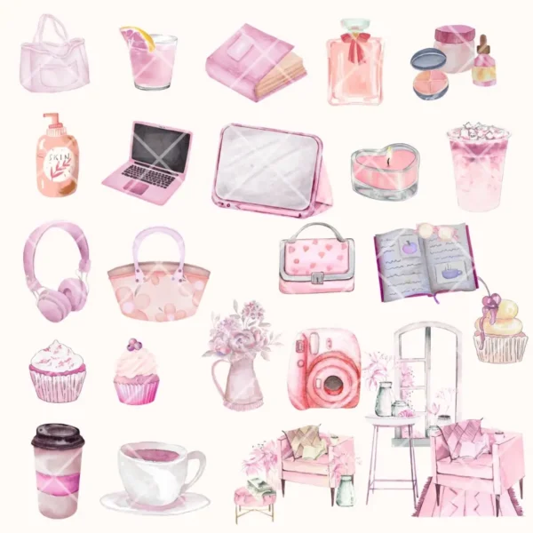 Pink Glam Watercolor Clipart, High Quality Transparent PNG Clipart Bundle, Business Woman, Working Woman Clipart for Scrapbook, Junk Journal - Image 3