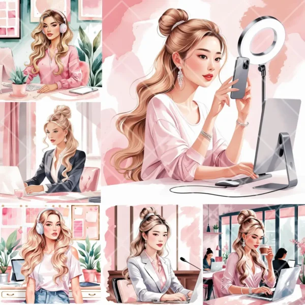 Girl Boss in Watercolor Clipart Bundle | 37 PNG Hi Resolution Images - Image 3