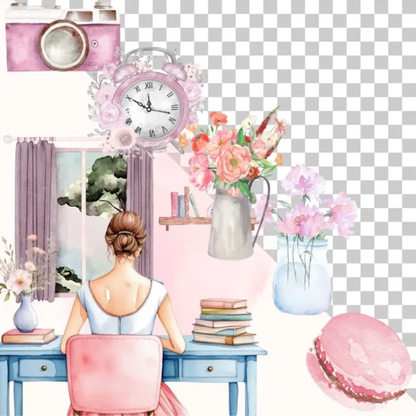 Pink Glam Watercolor Clipart, High Quality Transparent PNG Clipart Bundle, Business Woman, Working Woman Clipart for Scrapbook, Junk Journal - Image 4