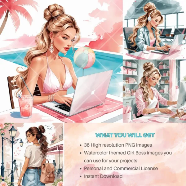 Girl Boss in Watercolor Clipart Bundle | 37 PNG Hi Resolution Images - Image 5