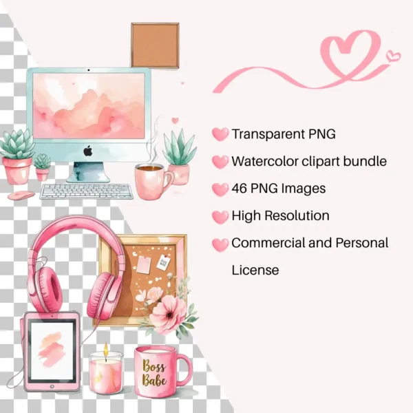 Pink Boss Babe Watercolor Clipart Bundle | Sublimation Designs | Digital Stickers - Image 7
