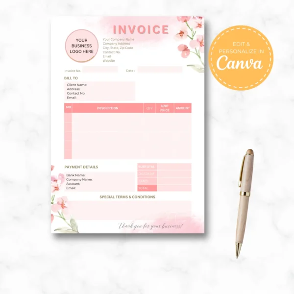 Sales Invoice Template | Editable in Canva | Pink Flower Invoice template - Image 2