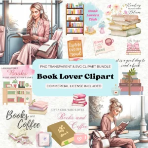 Book Lover Clipart Bundle | 35 Aesthetic Girls Reading, Bookish Quotes | Watercolor PNG SVG