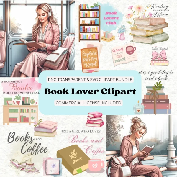 Book Lover Clipart Bundle | 35 Aesthetic Girls Reading, Bookish Quotes | Watercolor PNG SVG