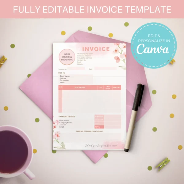 Sales Invoice Template | Editable in Canva | Pink Flower Invoice template - Image 3