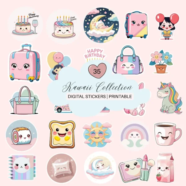 Kawaii Cute Everyday Digital Stickers | Ready to Print PDF | Goodnotes Stickers
