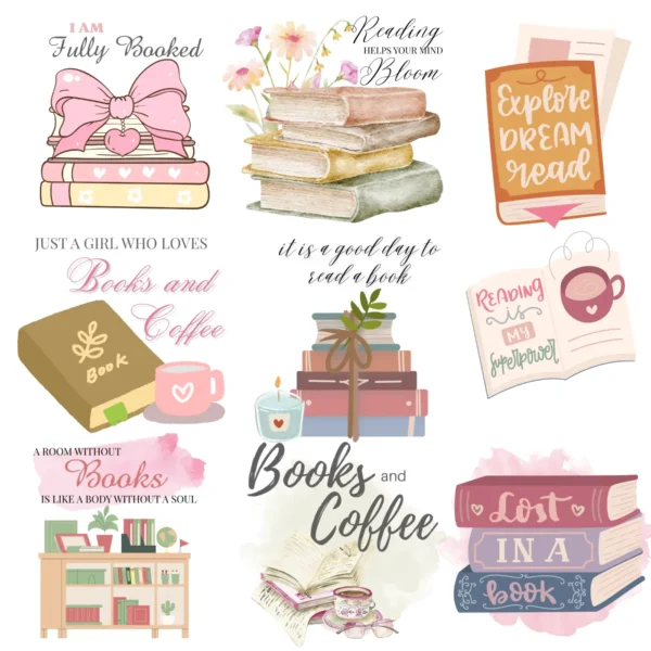 Book Lover Clipart Bundle | 35 Aesthetic Girls Reading, Bookish Quotes | Watercolor PNG SVG - Image 3