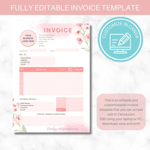 Sales Invoice Template | Editable in Canva | Pink Flower Invoice template - Image 4
