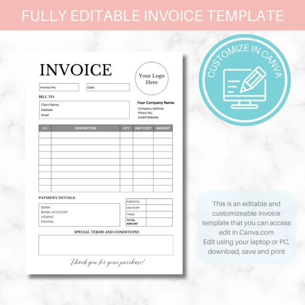 Sales Invoice Template | Editable in Canva | Minimalistic Invoice Template - Image 3