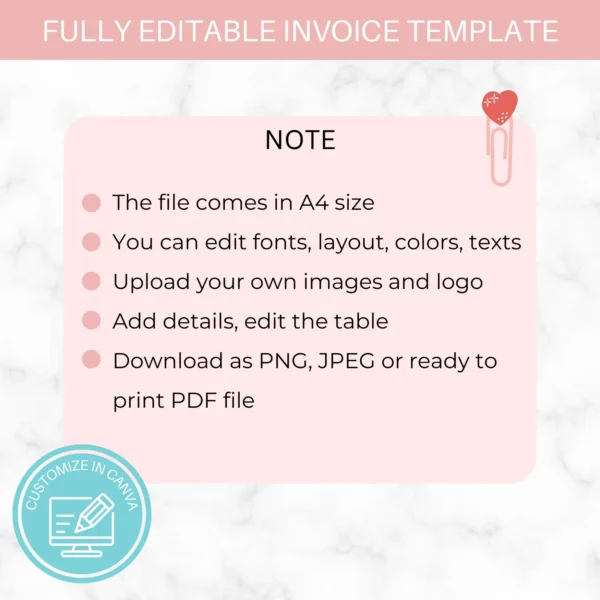 Sales Invoice Template | Editable in Canva | Pink Flower Invoice template - Image 5