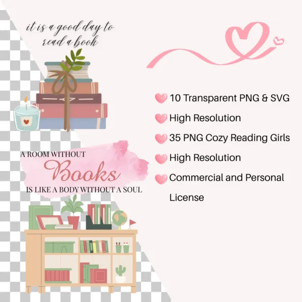 Book Lover Clipart Bundle | 35 Aesthetic Girls Reading, Bookish Quotes | Watercolor PNG SVG - Image 9
