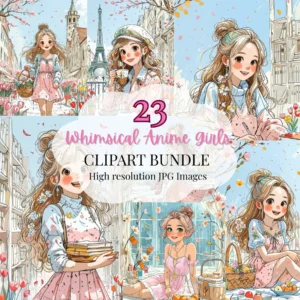 whimsical anime style girls clipart bundle