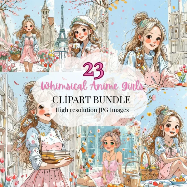 whimsical anime style girls clipart bundle
