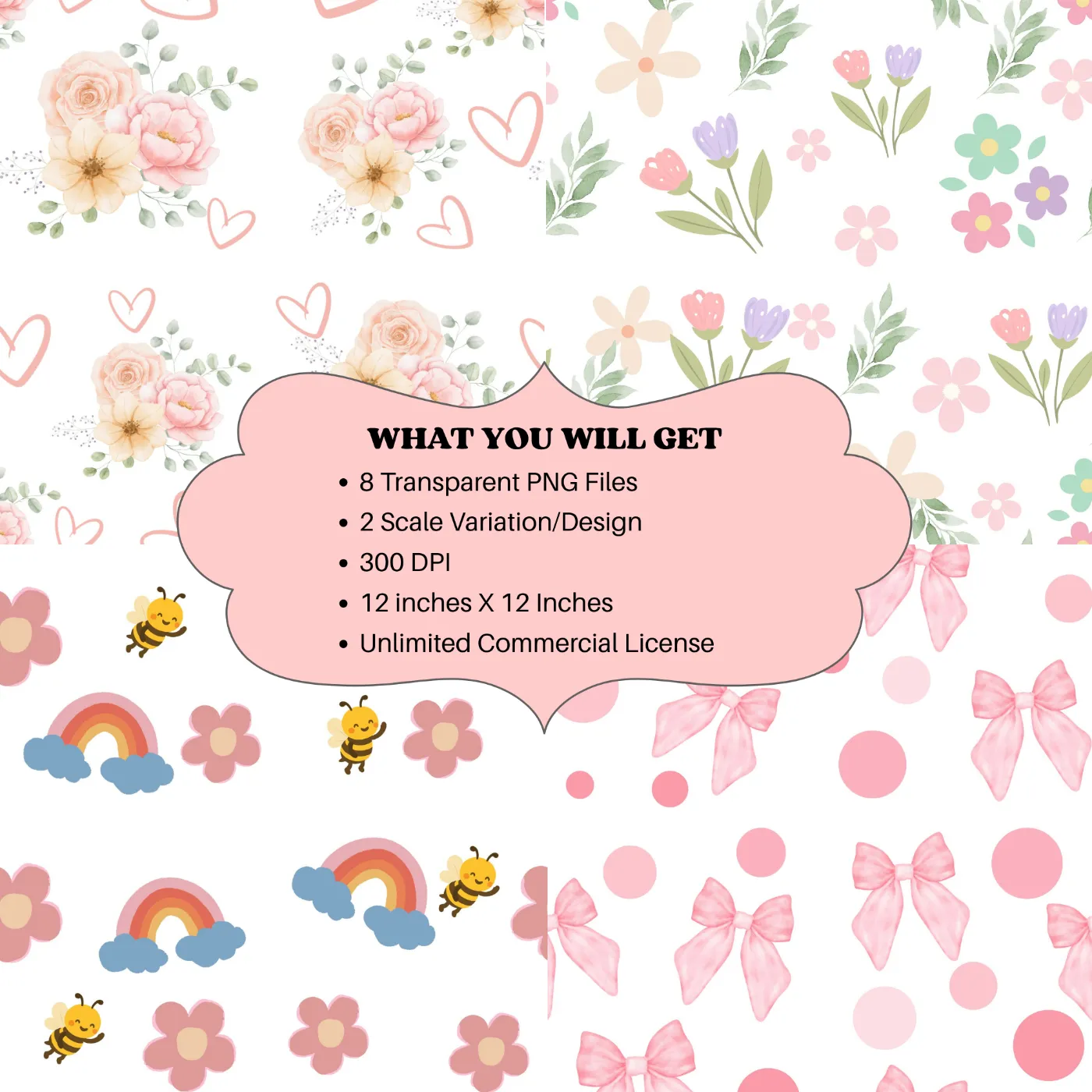 Seamless Pattern Bundle | Coquette Bows, Floral Hearts, Bees & Rainbow Digital Paper - Image 5