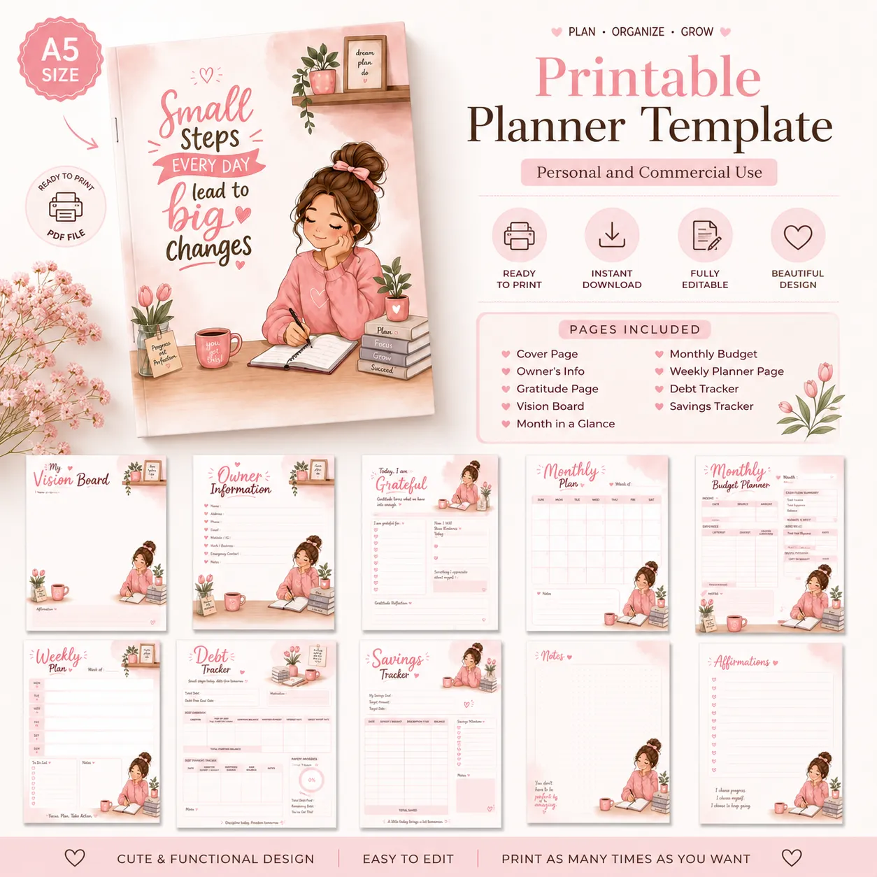 Undated Planner Printable Planner Template | Ready to Print | Commercial Use