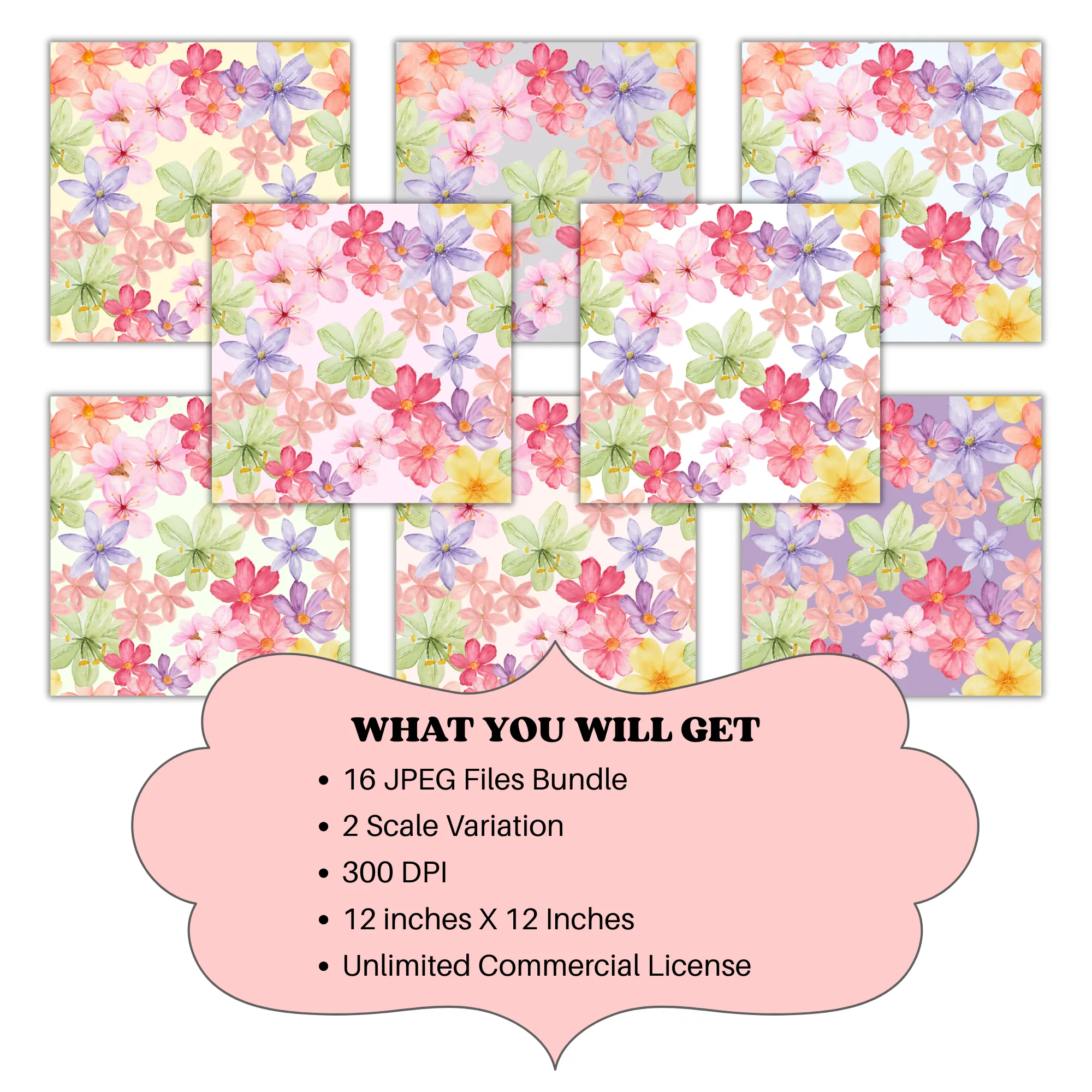 Watercolor Floral Seamless Pattern Bundle JPG | Cottagecore Digital Paper | Pastel Botanical Print | Flower Pattern - Image 6